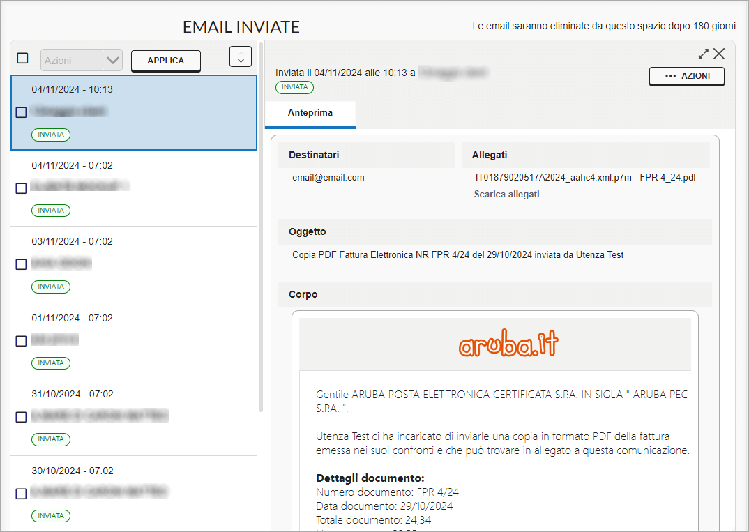 Dettaglio email inviata con anteprima, destinatari e allegati